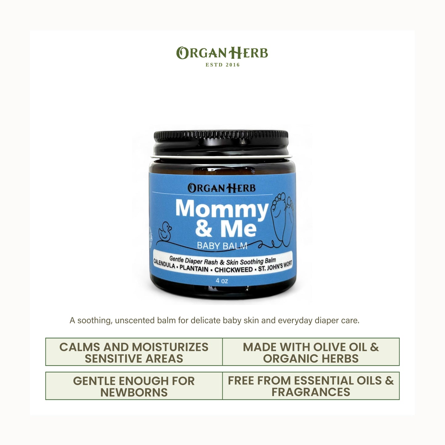 OrganHerb Organic Mommy & Me – Baby Balm with Calendula, Plantain, Chickweed, St. John's Wort – 4 oz