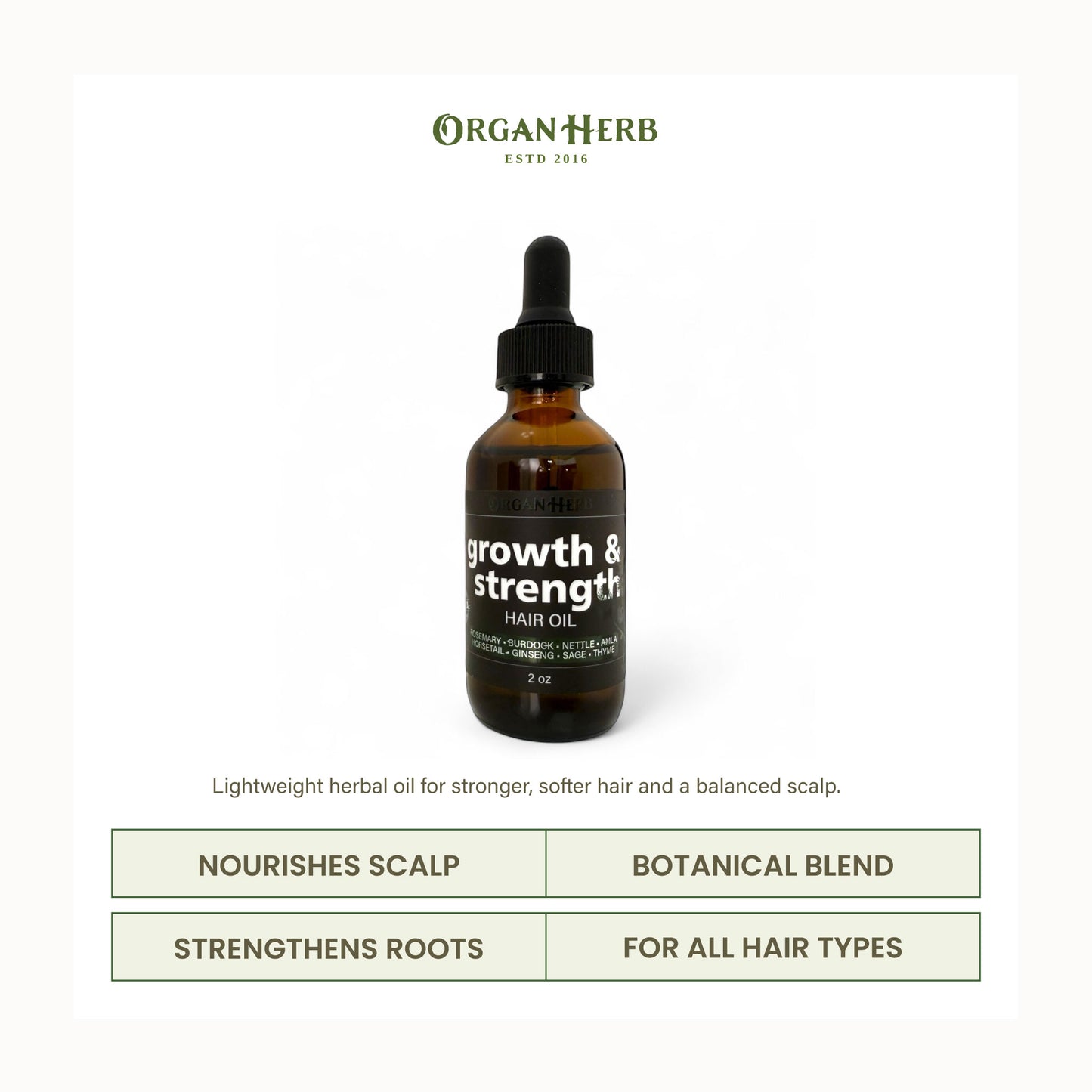 OrganHerb Growth & Strength Hair Oil with rosemary, nettle, amla and other herbs. Lightweight formula for all hair types.
