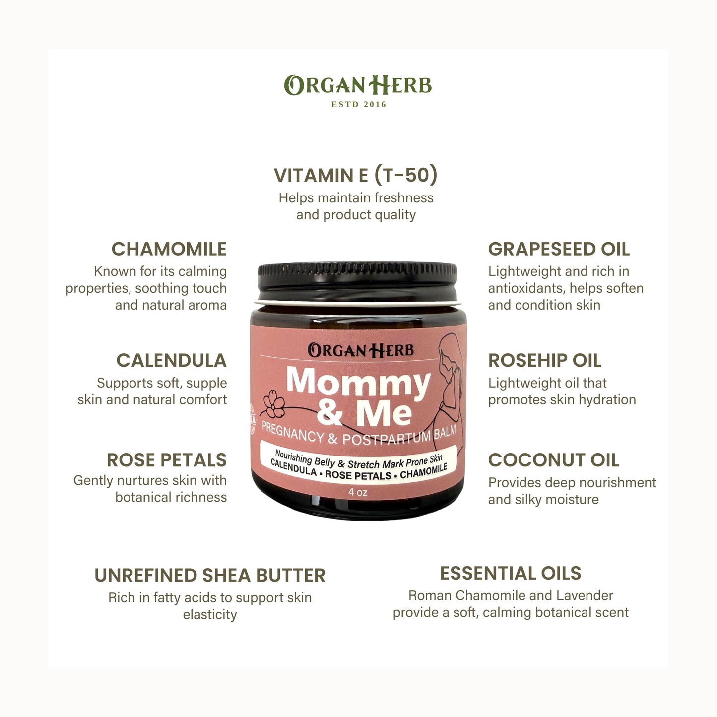 OrganHerb Organic Mommy & Me – Pregnancy & Postpartum Balm with Calendula, Rose, Roman Chamomile, Rosehip, Lavender – 4 oz