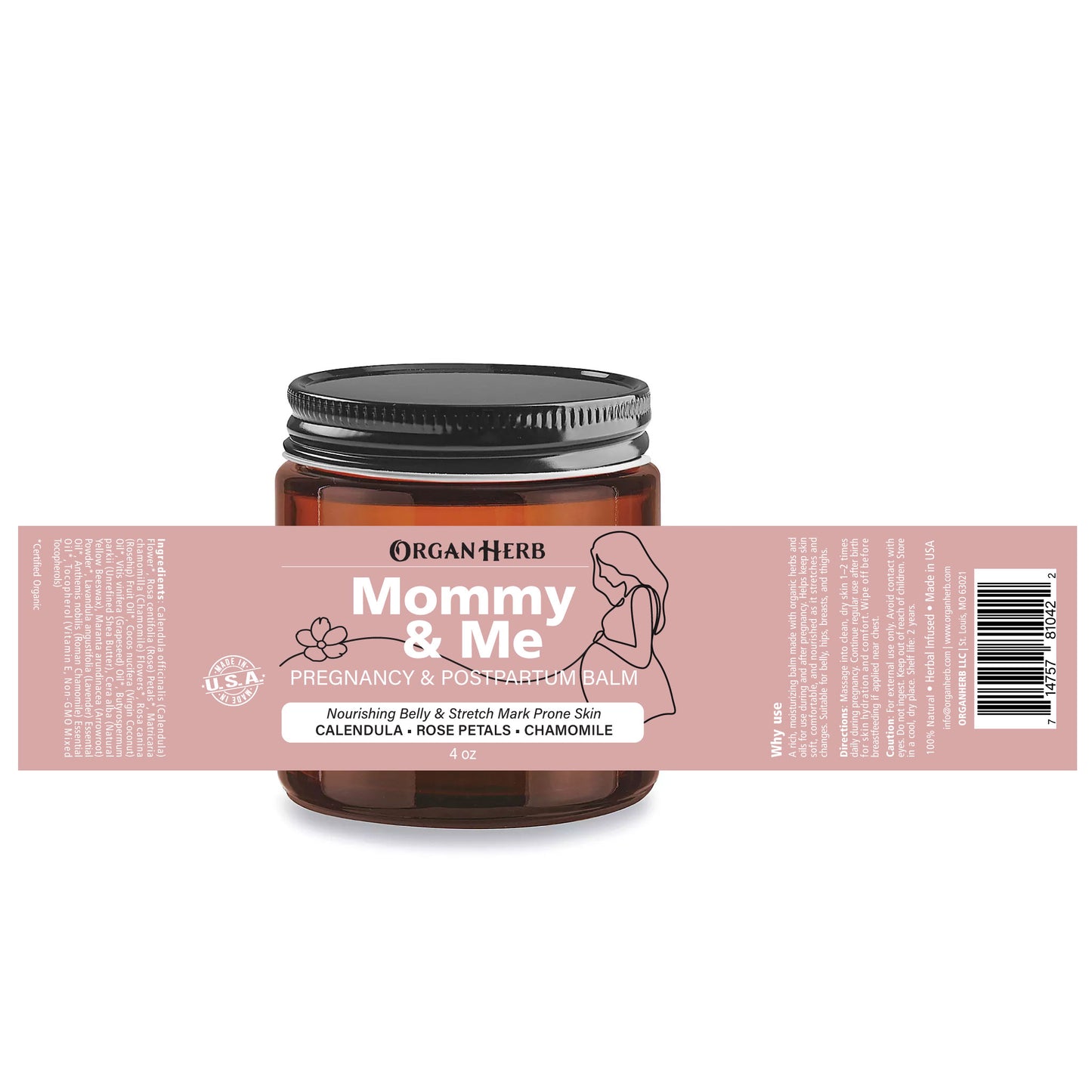 OrganHerb Organic Mommy & Me – Pregnancy & Postpartum Balm with Calendula, Rose, Roman Chamomile, Rosehip, Lavender – 4 oz