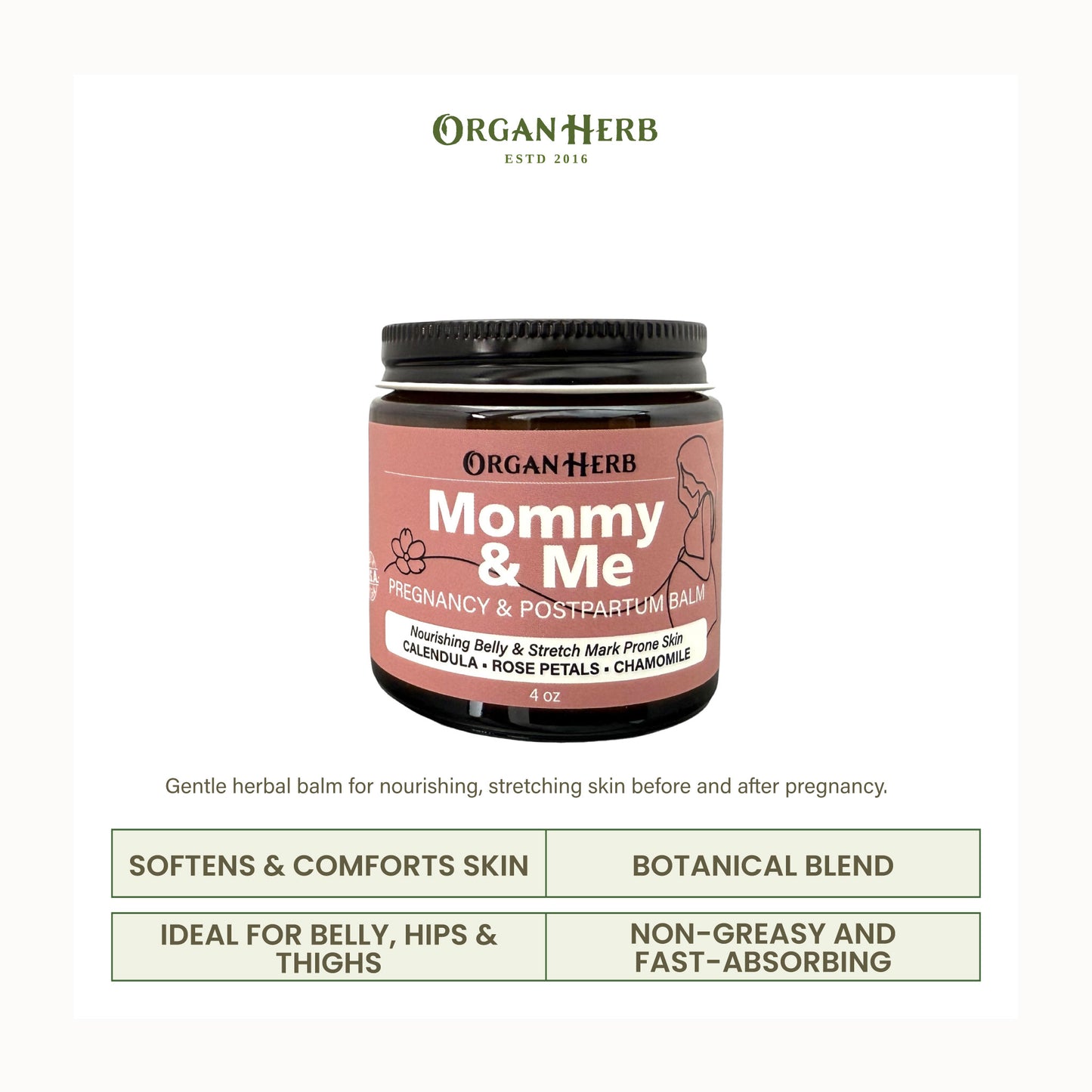 OrganHerb Organic Mommy & Me – Pregnancy & Postpartum Balm with Calendula, Rose, Roman Chamomile, Rosehip, Lavender – 4 oz