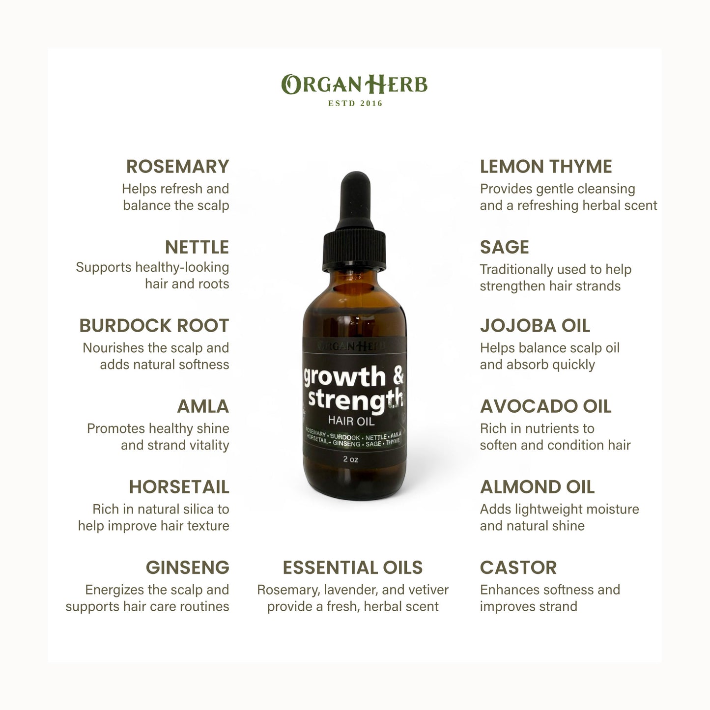 OrganHerb Organic Herbal Hair Oil – Strengthening & Nourishing Blend with Rosemary, Amla, Burdock Root, Nettle & Ginseng – 2 oz